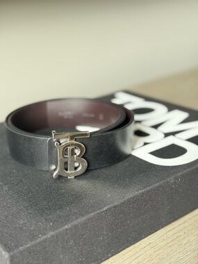 Burberry Black Leather Belt with Silver TB Monogram Buckle